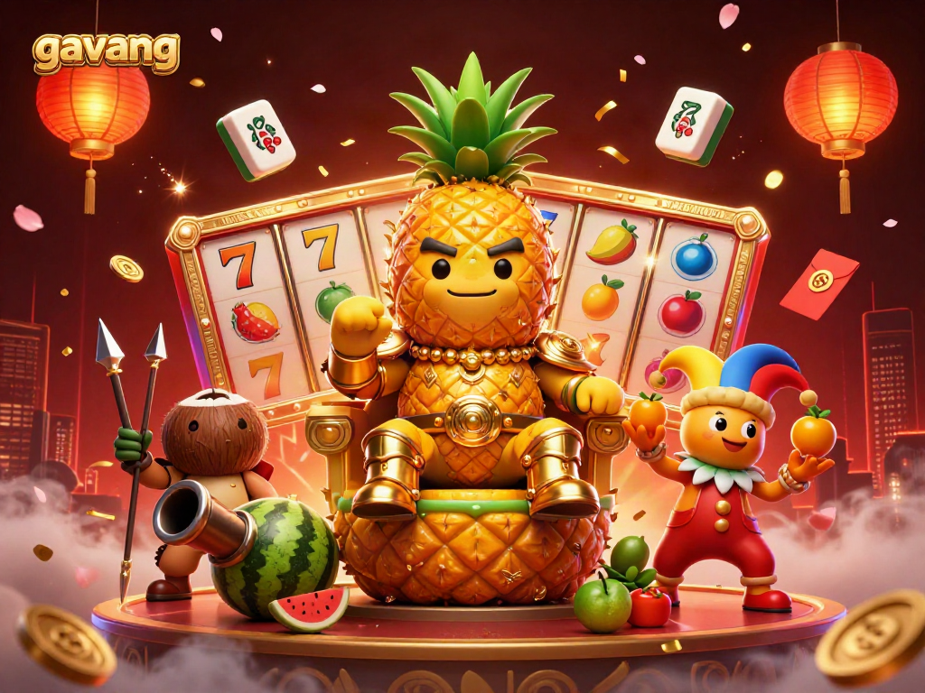 Experience the excitement of gambling with Gavang, featuring a golden pineapple king and dynamic slot symbols.