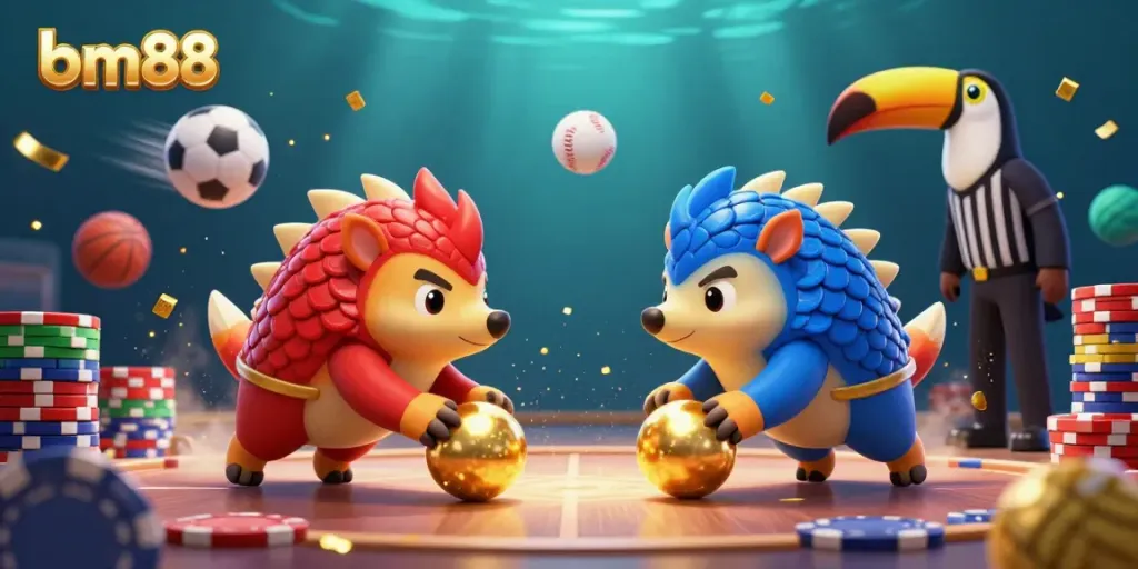Experience high-energy gameplay featuring bm88 with rival pangolins battling through poker chips in a vibrant casino scene.