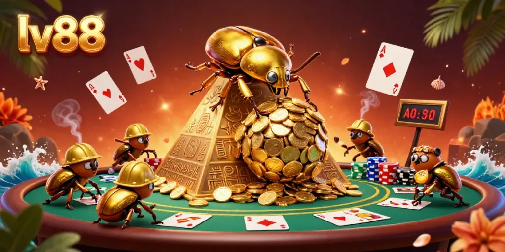 Experience the thrill of lv88 as a golden beetle rolls coins up a pyramid surrounded by poker elements.