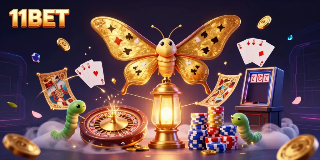 Engage in exciting gameplay at 11BET, featuring vibrant casino elements and captivating golden visuals.