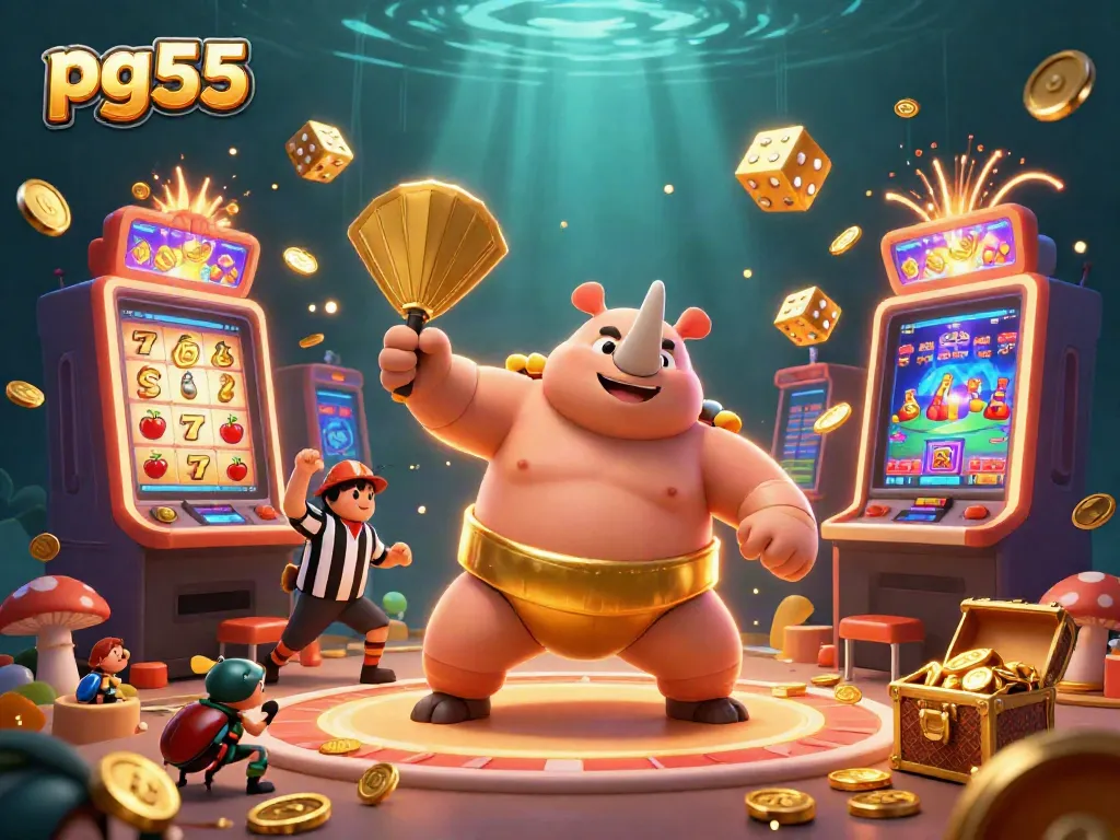 Experience the thrill with pg55 as the sumo beetle champion stomps, sending coins flying amidst vibrant casino elements.
