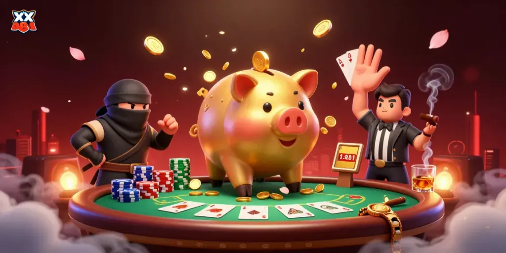 Join the action at XX88 with a dramatic scene featuring a golden piggy bank wrestler and friends amidst a lively poker setup.