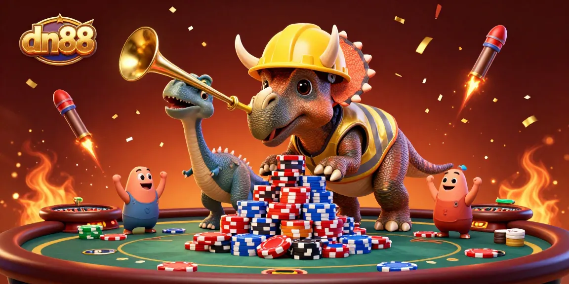 Experience the thrill of dn88 with vibrant 3D characters celebrating around a poker scene.