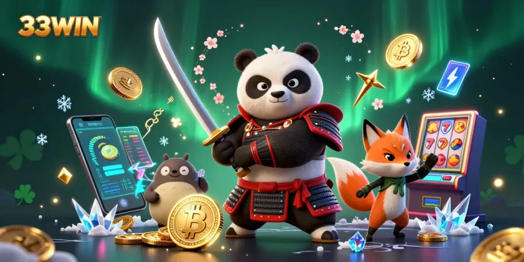 Engage with the thrilling 33WIN scene showcasing a samurai panda and ninja fox amidst vibrant casino elements.