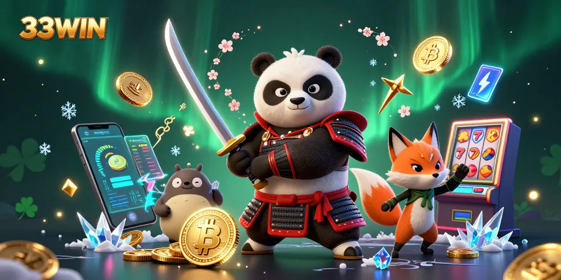 Engage with the thrilling 33WIN scene showcasing a samurai panda and ninja fox amidst vibrant casino elements.