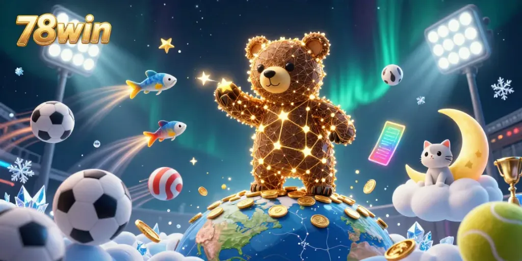 Engage with the captivating universe of 78win, featuring a constellation bear, coins, and dynamic sports elements.