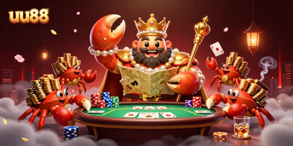 uu88 showcases a lucky golden crab emperor navigating a dynamic poker scene with vibrant chips.