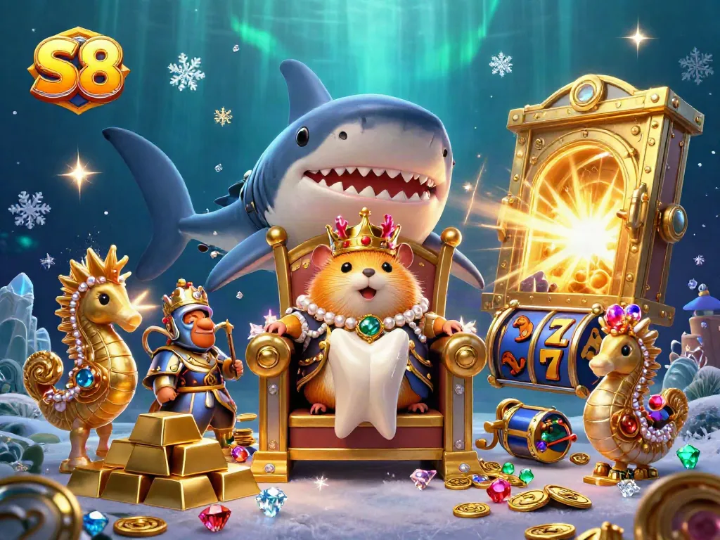 Experience thrilling casino action with S8's captivating illustration of a hamster king surrounded by treasures and gaming elements.