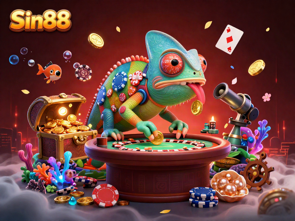 Experience the vibrant Sin88 casino world with a dynamic chameleon character amidst game elements.
