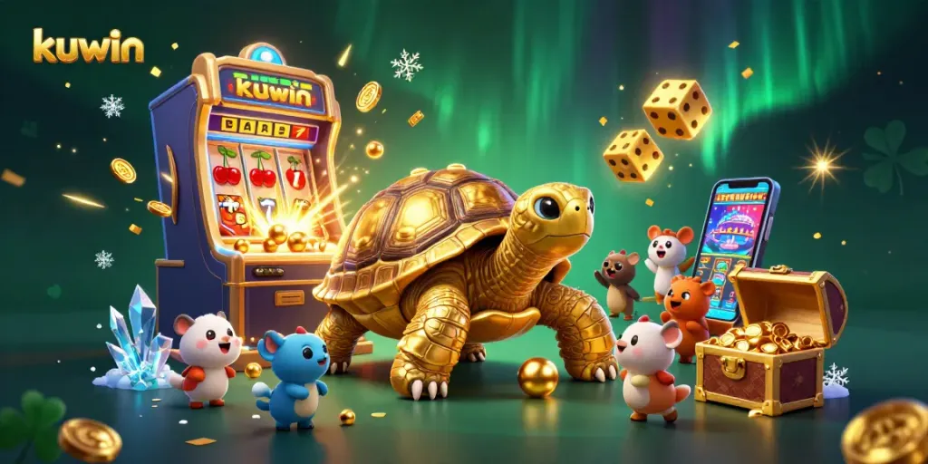 Kuwin's exciting new casino scene showcases thrilling slots, golden tortoise pinball, and animated jackpots.