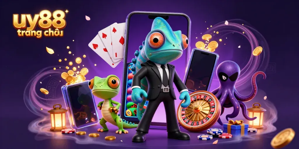 Experience vibrant gaming adventures with uy88 trang chủ in this lively 3D chameleon illustration.
