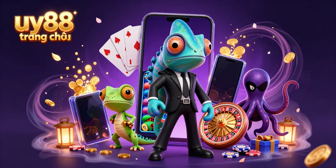 Experience vibrant gaming adventures with uy88 trang chủ in this lively 3D chameleon illustration.
