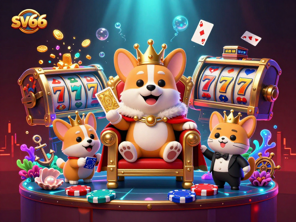 Engage in thrilling gaming at sv66's vibrant atmosphere with a corgi king and casino elements.