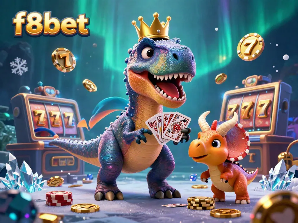 Engaging f8bet scene with a friendly T-Rex shuffling cards and others playing alongside joyful gaming elements.