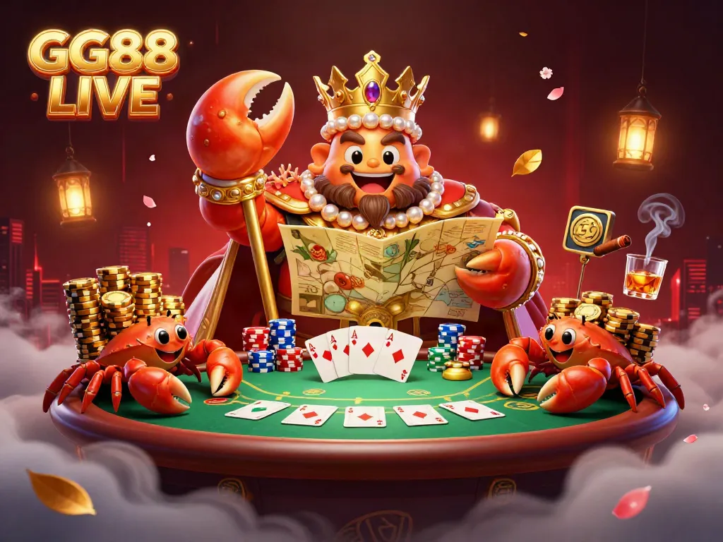 Engage in thrilling gameplay at GG88 LIVE with vibrant 3D visuals of a crab emperor and poker elements.