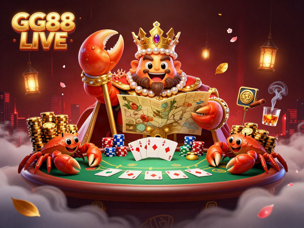 Engage in thrilling gameplay at GG88 LIVE with vibrant 3D visuals of a crab emperor and poker elements.