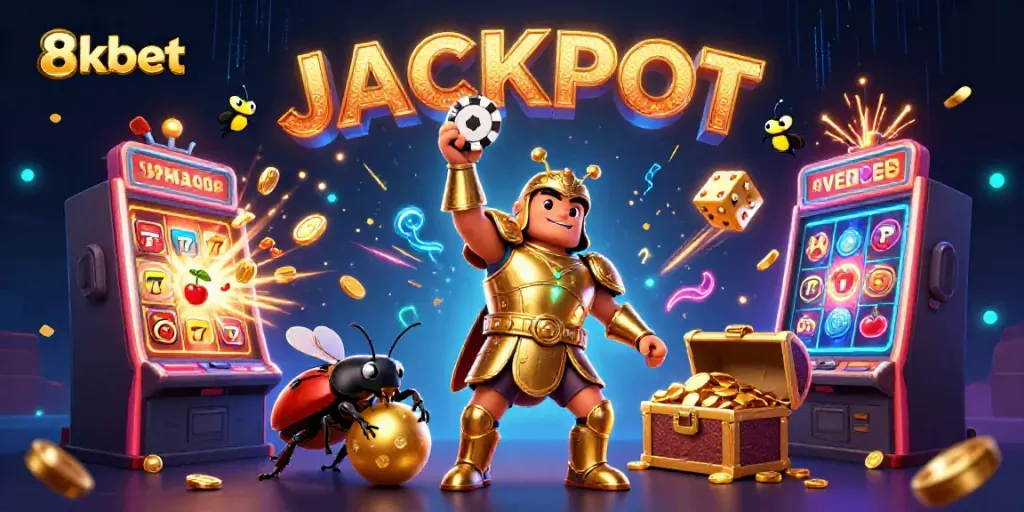 Engaging 8xbet promotional illustration featuring heroes celebrating a jackpot win amidst dynamic casino elements.