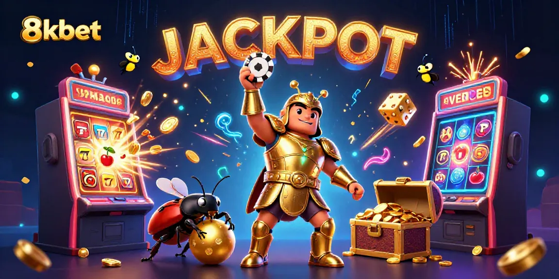 Engaging 8xbet promotional illustration featuring heroes celebrating a jackpot win amidst dynamic casino elements.