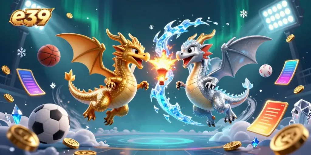 Engage in thrilling gameplay with e39, where gold and silver dragons breathe fiery and icy excitement amidst dynamic sports betting actions.