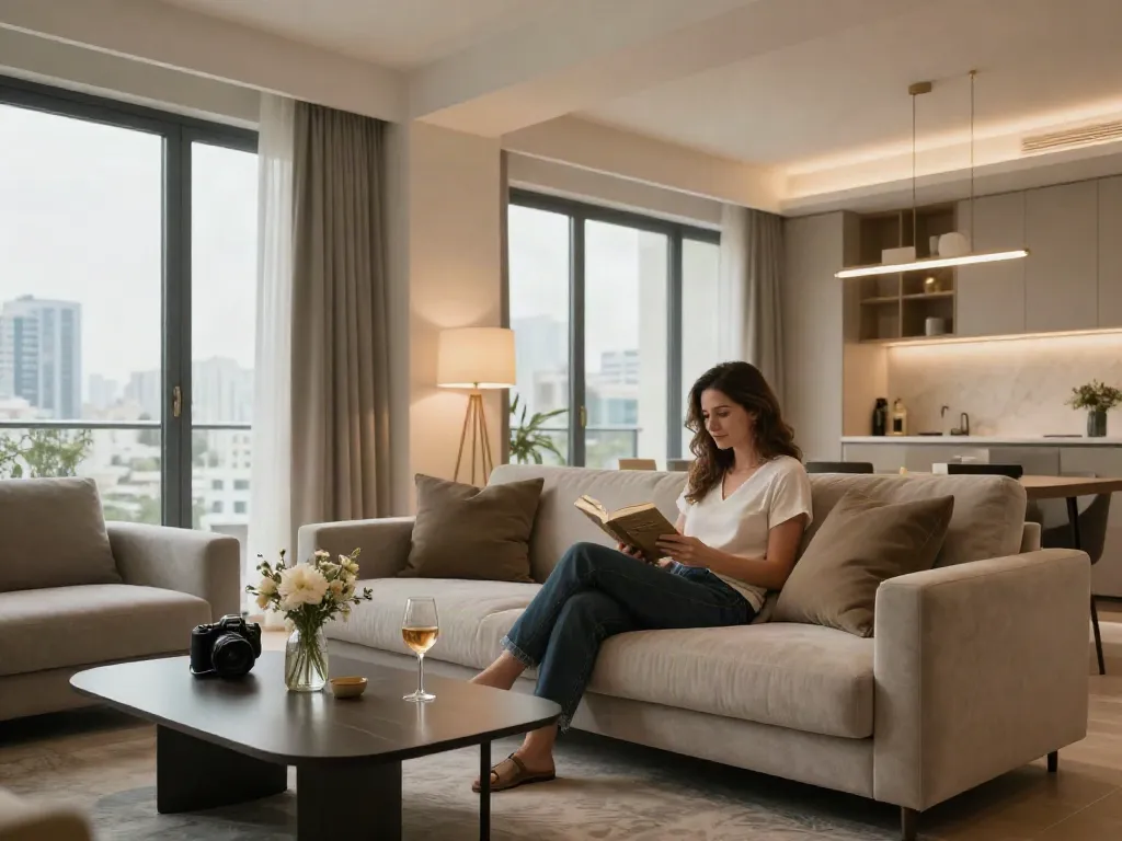 Luxurious living area in a discreet Ramat Gan apartment featuring cozy decor and inviting atmosphere for relaxing stays.