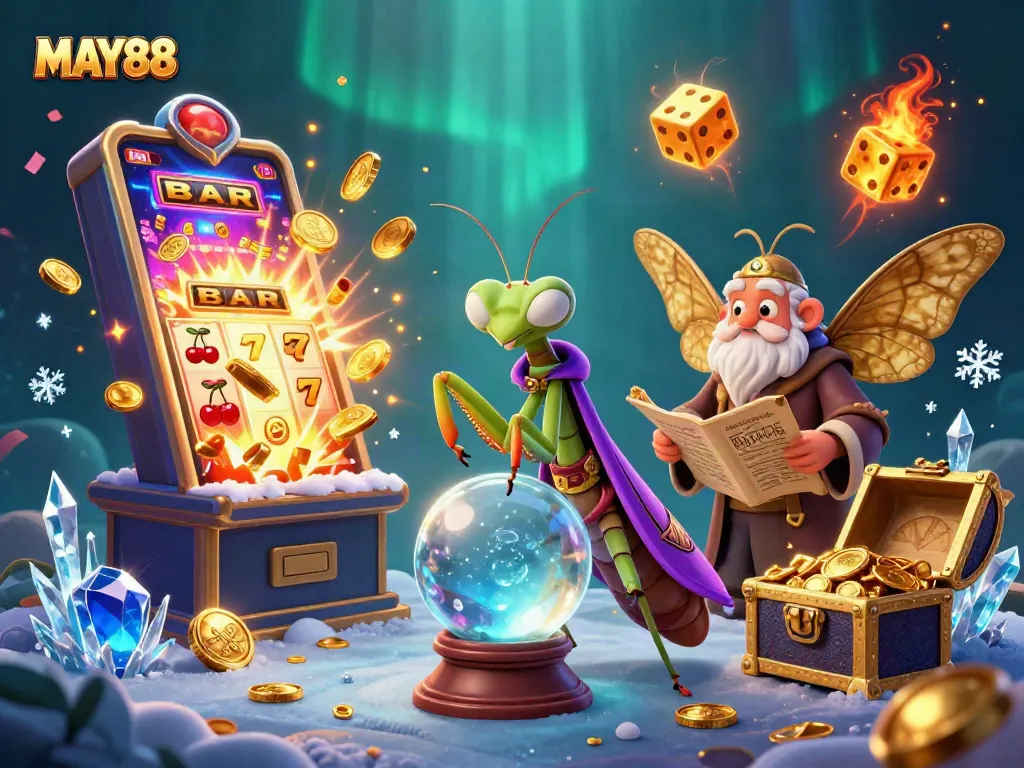 Exciting MAY88 scene with fortune teller revealing casino treasures and jackpot magic.