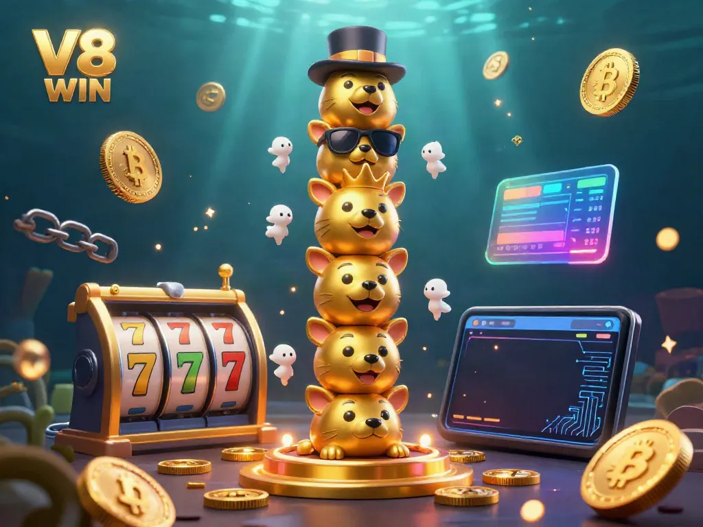 Engage with V8 WIN strategies and slot excitement in this vibrant casino-themed illustration.