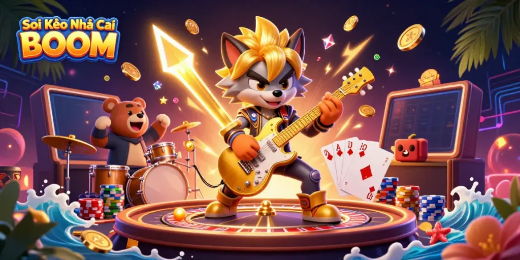 Engaging visual of Soi Kèo Nhà Cái BOOM, featuring cartoon characters in a vibrant casino scene filled with dynamic game elements.